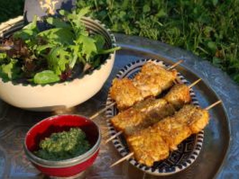 Recette Brochettes de poisson au pesto de coriandre - Chef Patrick Asfaux