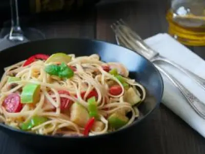 Recette Pâtes sautées aux légumes poivrés