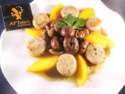 Recette Rouelles de boudin blanc truffé pétales de kaki et châtaignes