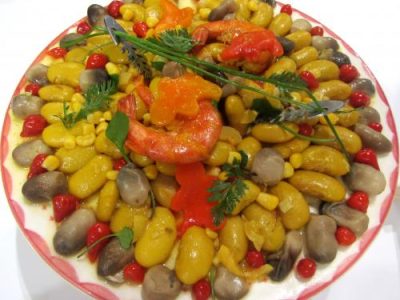 Recette Salade de haricots de soissons ,gambas et champignons de paille