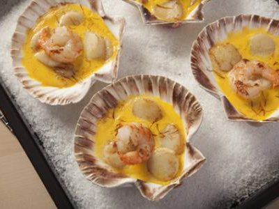 Recette St Jacques et crevettes roses