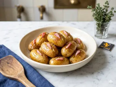 Recette Roasted fingerling potatoes confit with pink garlic