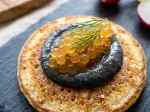 Black & Pink Radish Blinis with Smoked Salmon Roe, tender and smoky