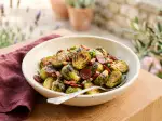 Roasted Brussels sprouts with chorizo wafers, perfect for family meals