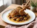 Coquelet rôti en panure de cèpe et girolles, idéal pour un repas convivial