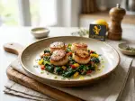 Photo recette St jacques en aillade de petits poivrons et verts de blettes