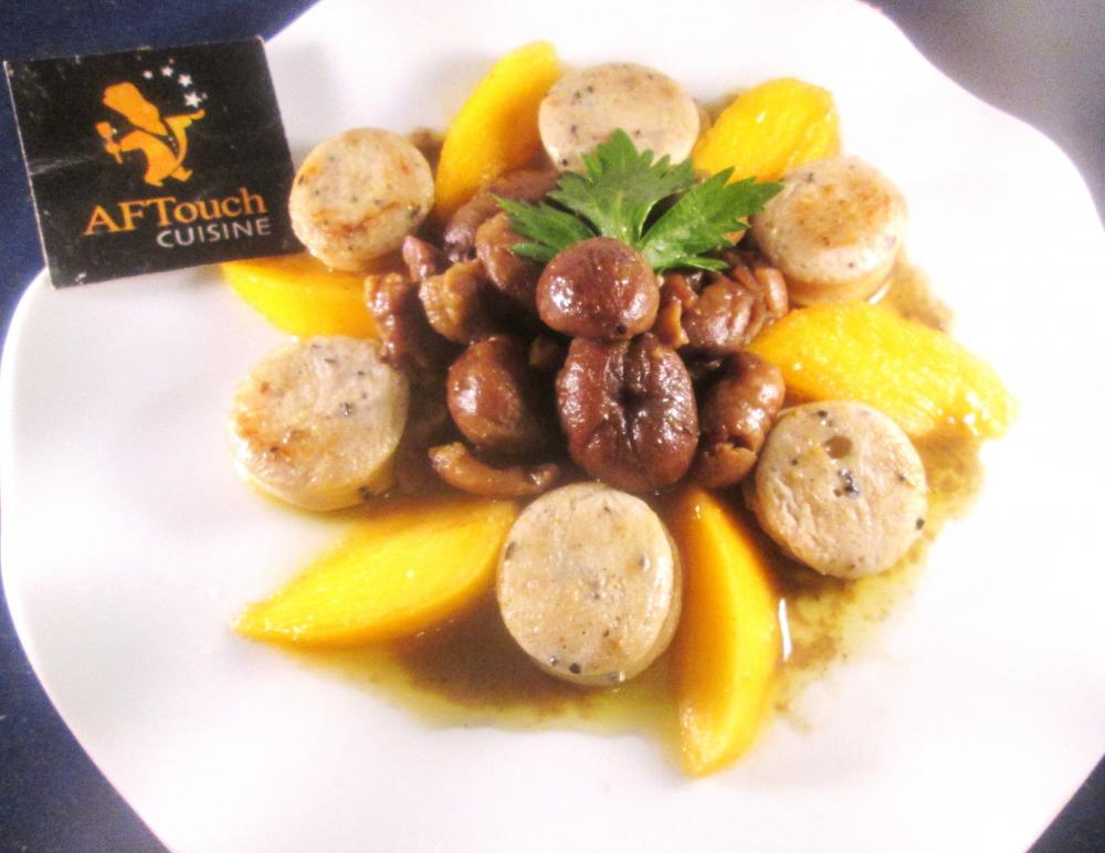 Rouelles de boudin blanc truffé pétales de kaki et châtaignes