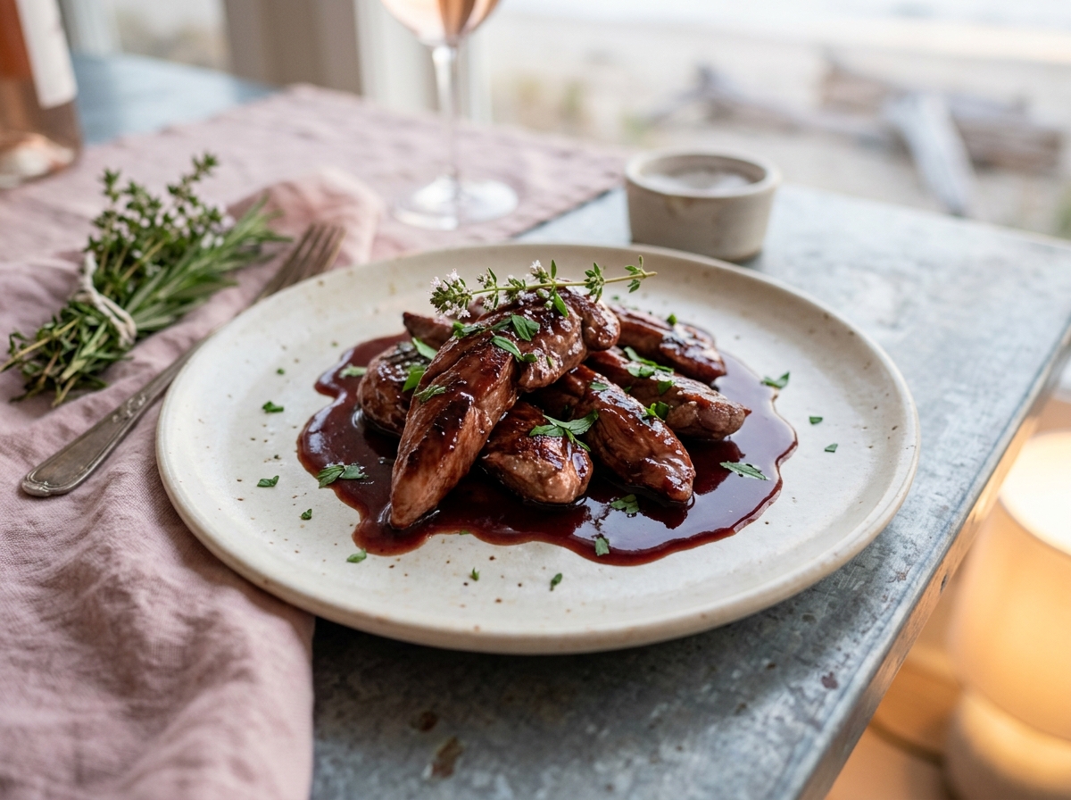 Aiguillettes de canard, sauce au vin