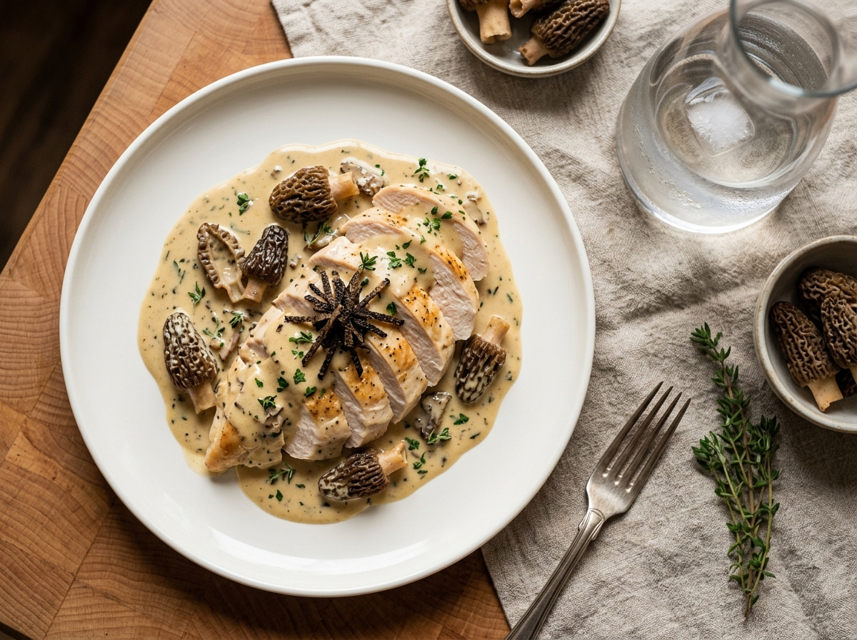 Aile de volaille fermière et morilles fraîches