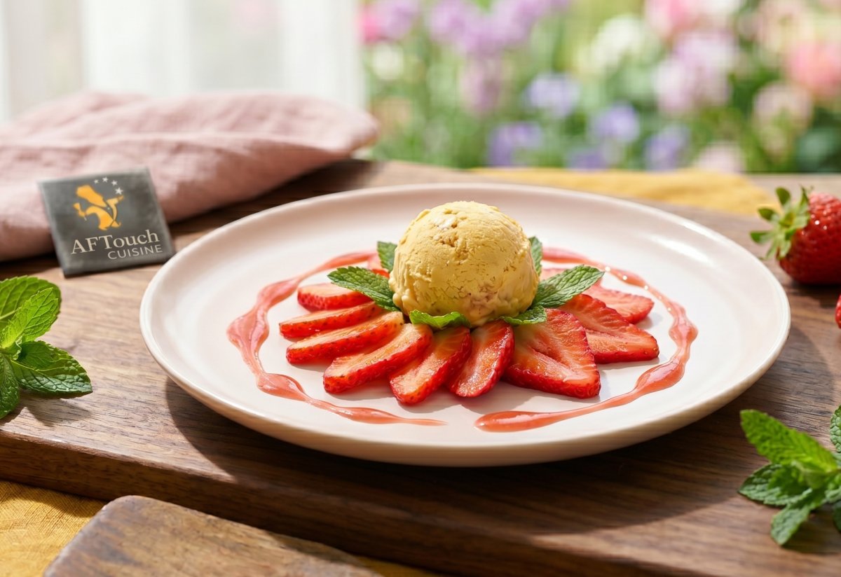 Carpaccio de fraises, glace au nougat