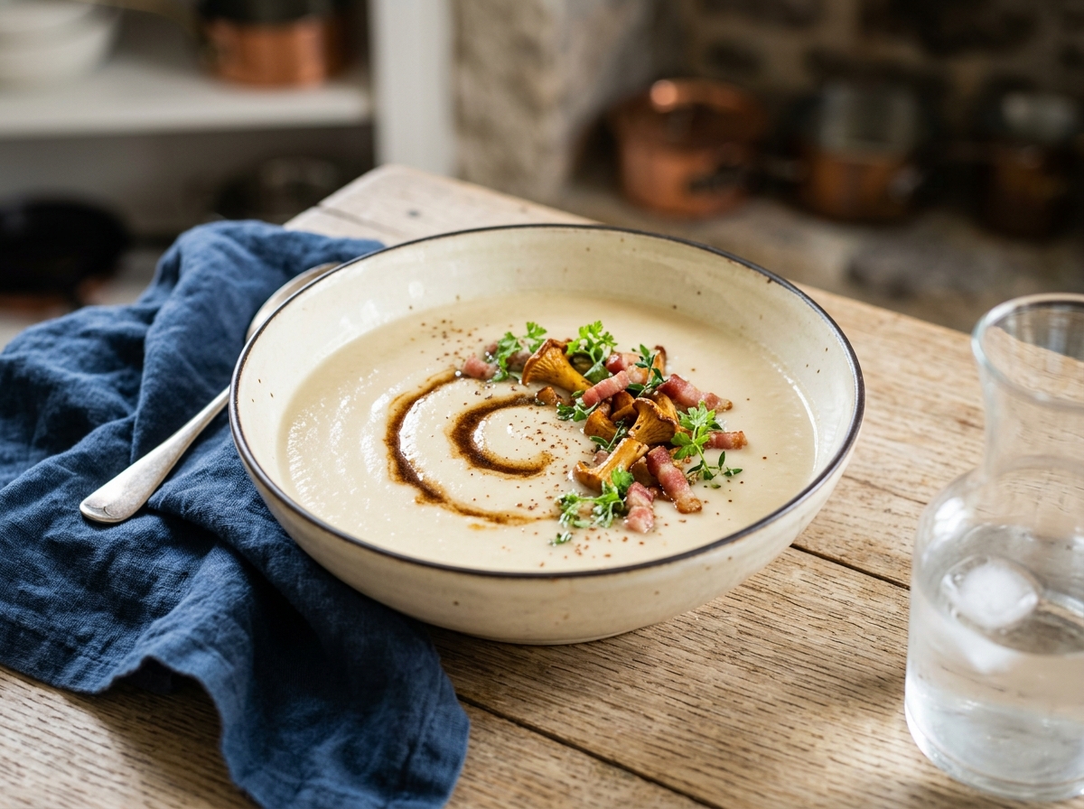 Crème de Soissons, foie de lotte et girolles