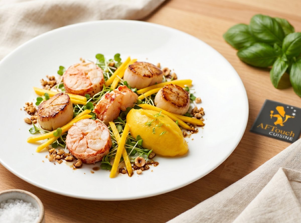 Salade de queues de langoustes et Saint-Jacques à la mangue