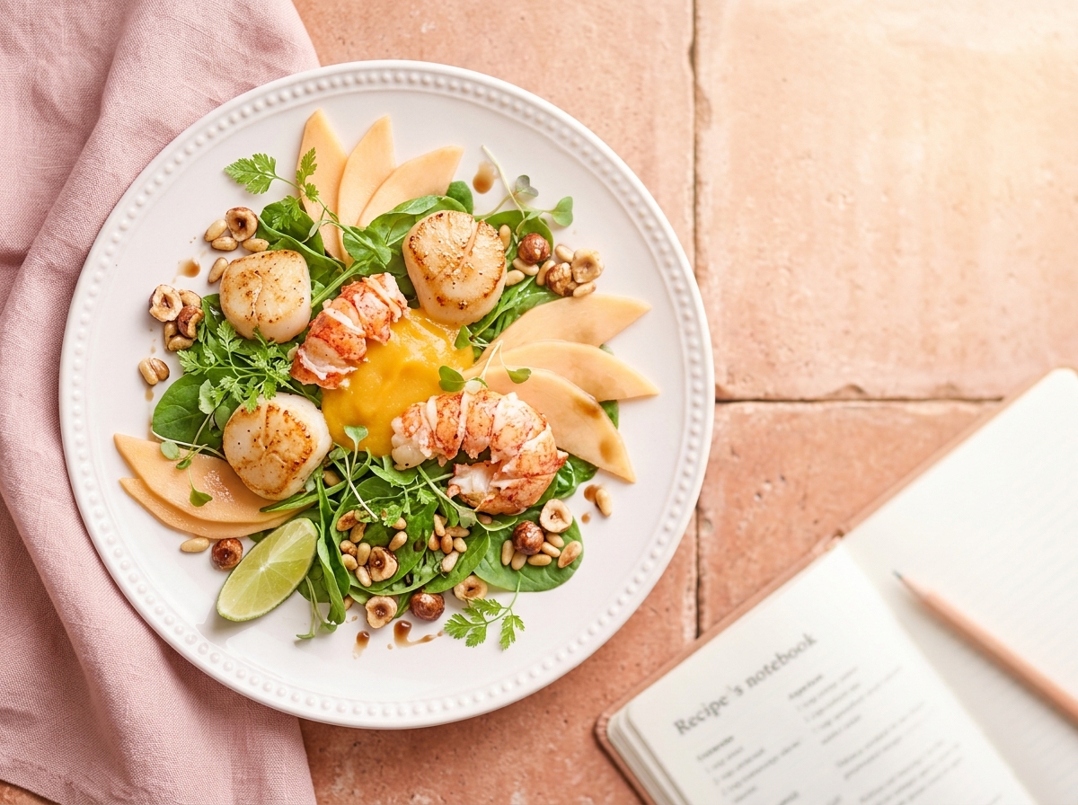 Salade de queues de langoustes et Saint-Jacques à la mangue