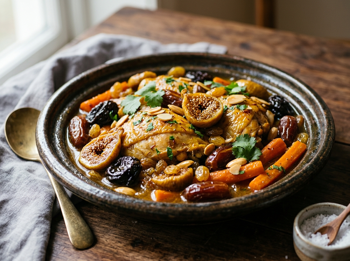 Tajine de poulet figue dattes raisins pruneaux
