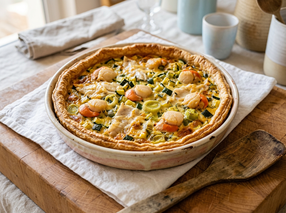 Tarte aux saint-jacques sole et légumes